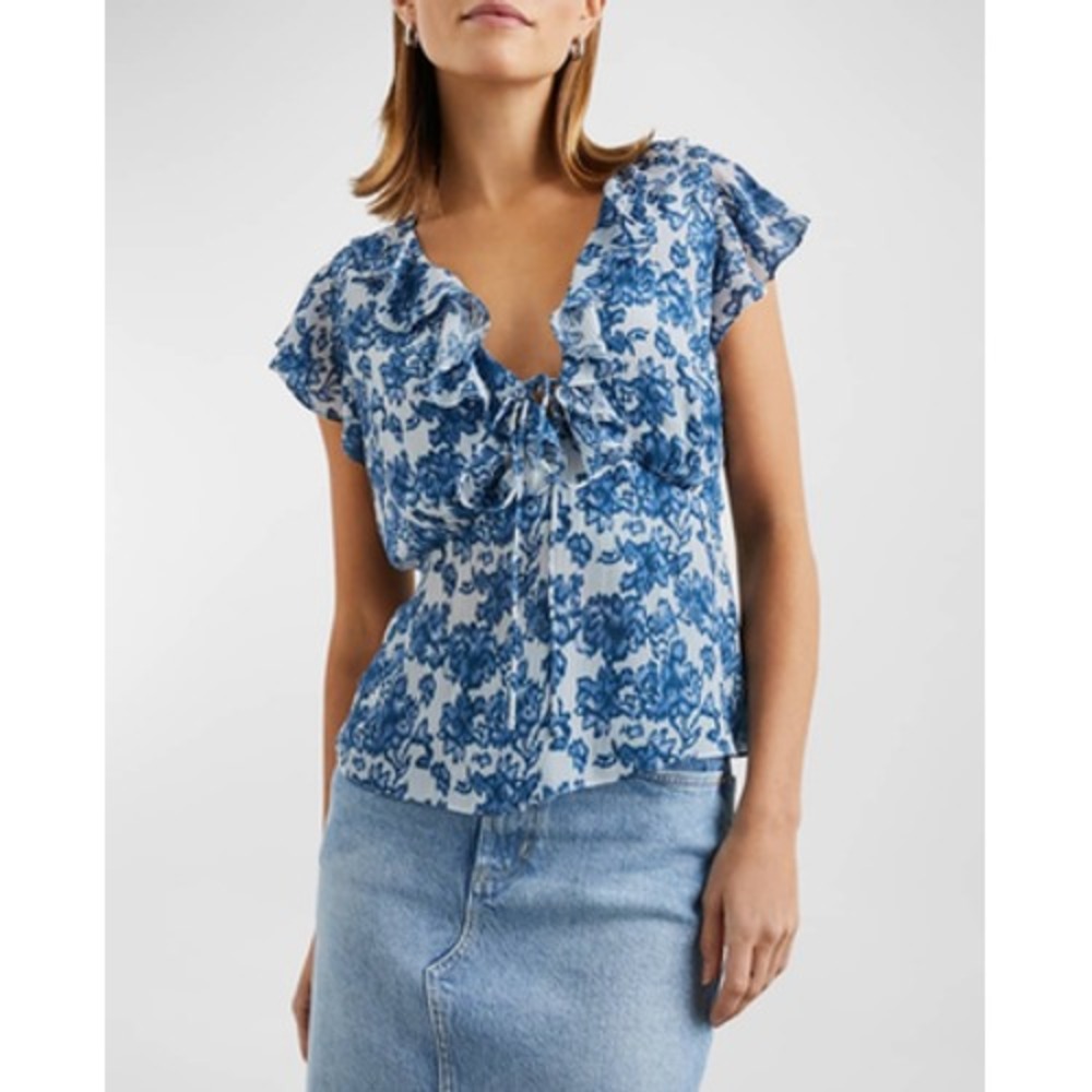 Rails Carmine Blouse Womens 2X Blue Chambray Floral Ruffle V Neck Pleated Top‎